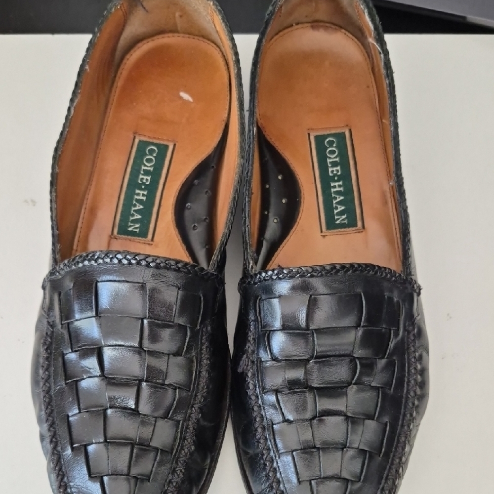Cole Haan Black Leather Woven Slip-Ons